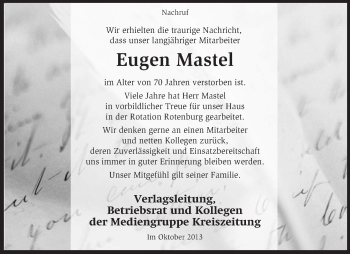 Traueranzeige von Eugen Mastel von KRZ
