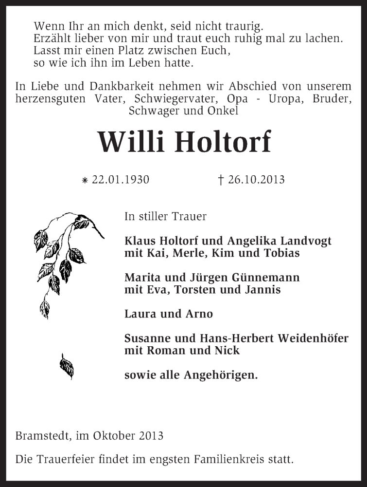  Traueranzeige für Willi Holtorf vom 29.10.2013 aus KRZ