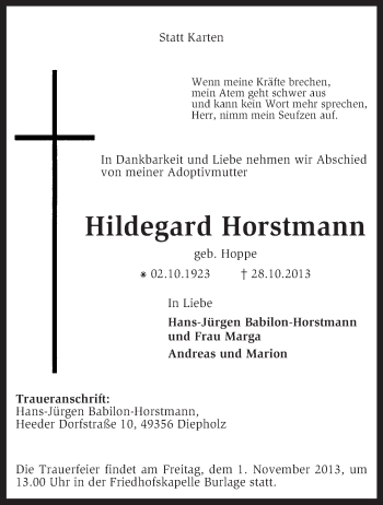 Traueranzeige von Hildegard Horstmann von KRZ