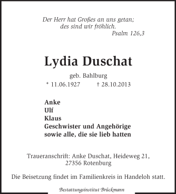 Traueranzeige von Lydia Duschatl von KRZ