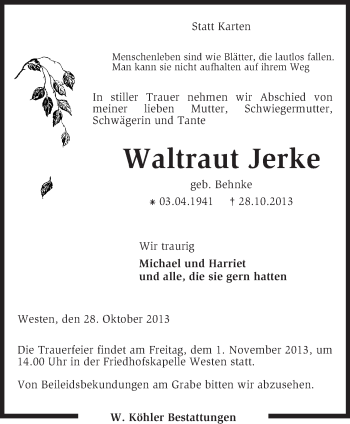 Traueranzeige von Waltraut Jerke von KRZ