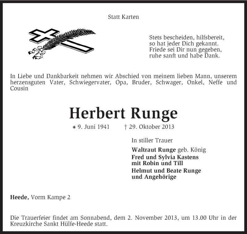  Traueranzeige für Herbert Runge vom 30.10.2013 aus KRZ
