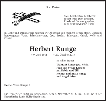 Traueranzeige von Herbert Runge von KRZ