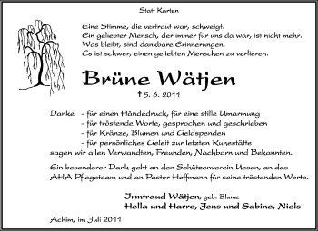 Traueranzeige von Brüne Wätjen von KREISZEITUNG SYKE