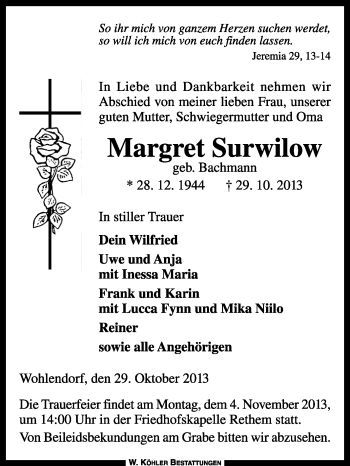 Traueranzeige von Margret Surwilow von KRZ