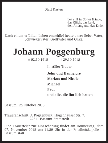 Traueranzeige von Johann Poggenburg von KRZ