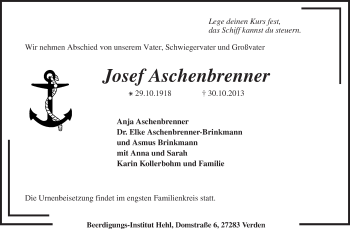 Traueranzeige von Josef Aschenbrenner von KRZ