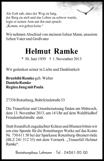 Traueranzeige von Helmut Ramke von KRZ