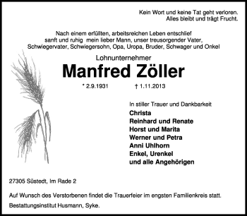 Traueranzeige von Manfred Zöllner von KRZ