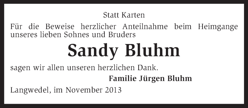  Traueranzeige für Sandy Bluhm vom 09.11.2013 aus KRZ