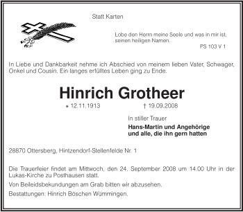 Traueranzeige von Hinrich Grotheer von KREISZEITUNG SYKE