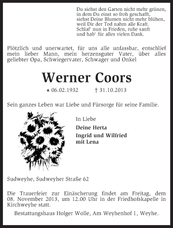 Traueranzeige von Werner Coors von KRZ