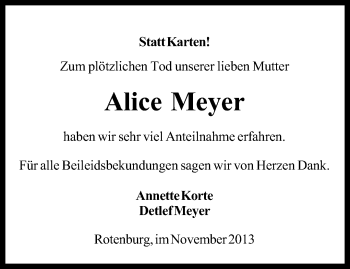 Traueranzeige von Alice Meyer von KRZ