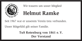 Traueranzeige von Helmut Ramke von KRZ