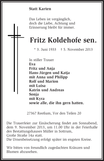 Traueranzeige von Fritz Koldehofe von KRZ