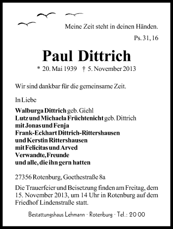 Traueranzeige von Paul Dittrich von KRZ
