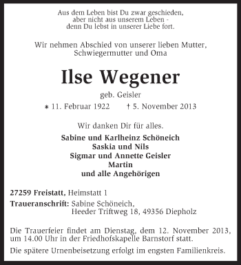 Traueranzeige von Ilse Wegener von KRZ