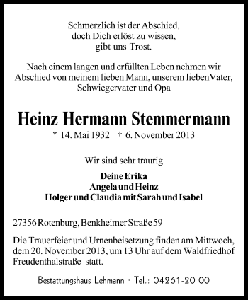 Traueranzeige von Heinz Hermann Stemmermann von KRZ