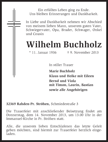 Traueranzeige von Wilhellm Buchholz von KRZ