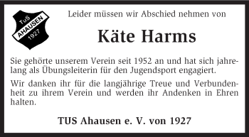 Traueranzeige von Käte Harms von KRZ