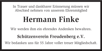 Traueranzeige von Hermann Finke von KRZ