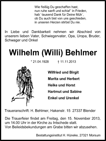 Traueranzeige von Wilhelm Behlmer von KRZ