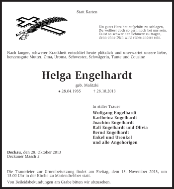 Traueranzeige von Helga Engelhardt von KRZ