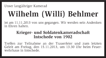 Traueranzeige von Wilhelm Behlmer von KRZ