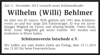 Traueranzeige von Wilhelm Behlmer von KRZ