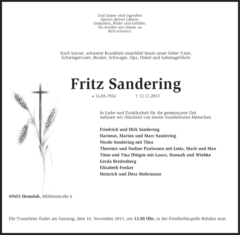  Traueranzeige für Fritz Sandering vom 14.11.2013 aus KRZ