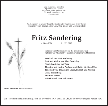 Traueranzeige von Fritz Sandering von KRZ