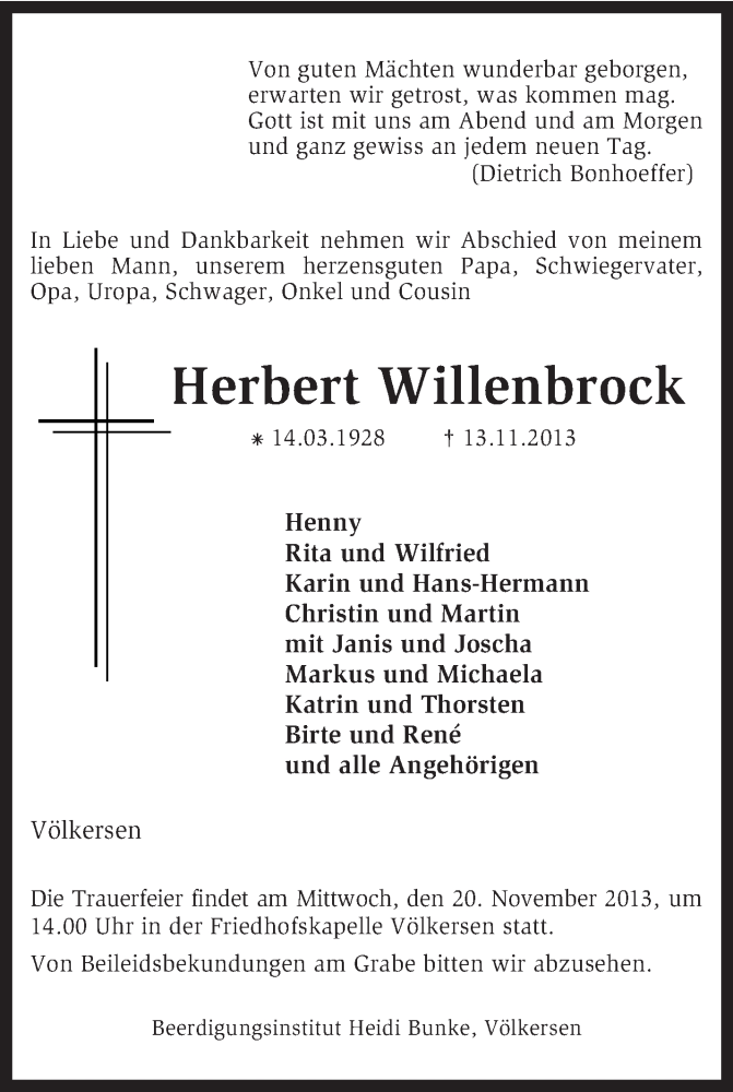  Traueranzeige für Herbert Willenbrock vom 15.11.2013 aus KRZ