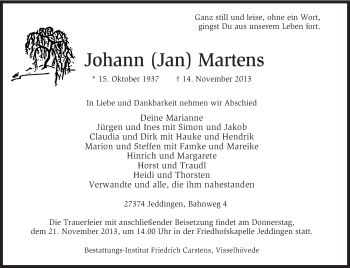 Traueranzeige von Johann Martens von KRZ