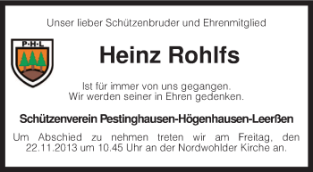 Traueranzeige von Heinz Rohlfs von KRZ