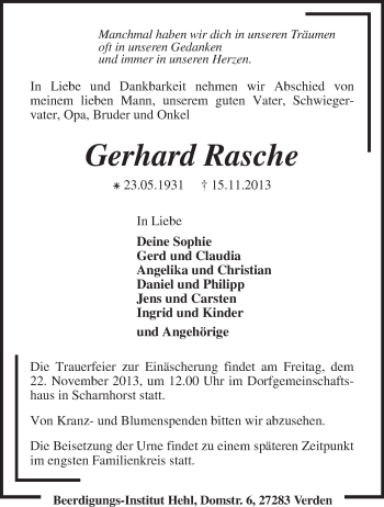 Traueranzeige von Gerhard Rasche von KRZ