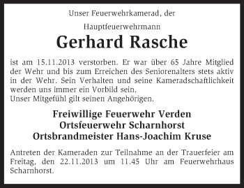 Traueranzeige von Gerhard Rasche von KRZ