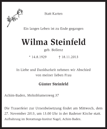 Traueranzeige von Wilma Steinfeld von KRZ