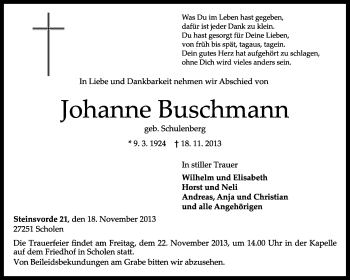 Traueranzeige von Johanne Buschmann von KRZ