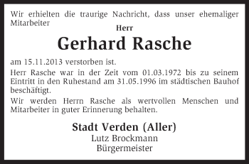 Traueranzeige von Gerhard Rasche von KRZ