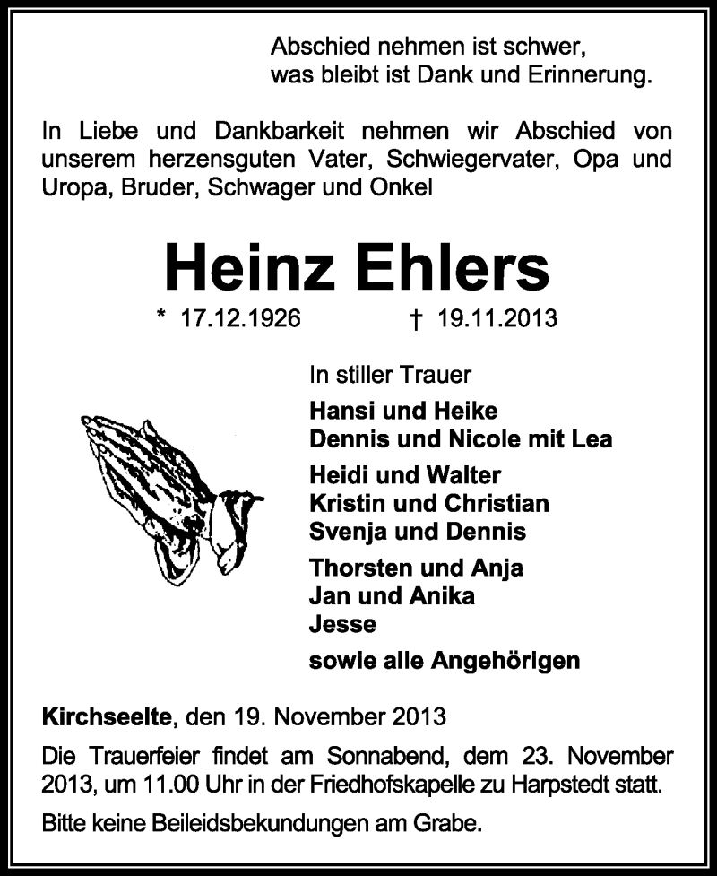  Traueranzeige für Heinz Ehlers vom 21.11.2013 aus KRZ