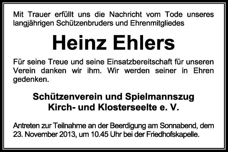  Traueranzeige für Heinz Ehlers vom 21.11.2013 aus KRZ