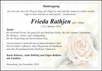 Traueranzeige von Frieda Rathjen von KRZ