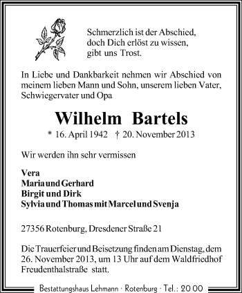 Traueranzeige von Wilhelm Bartels von KRZ