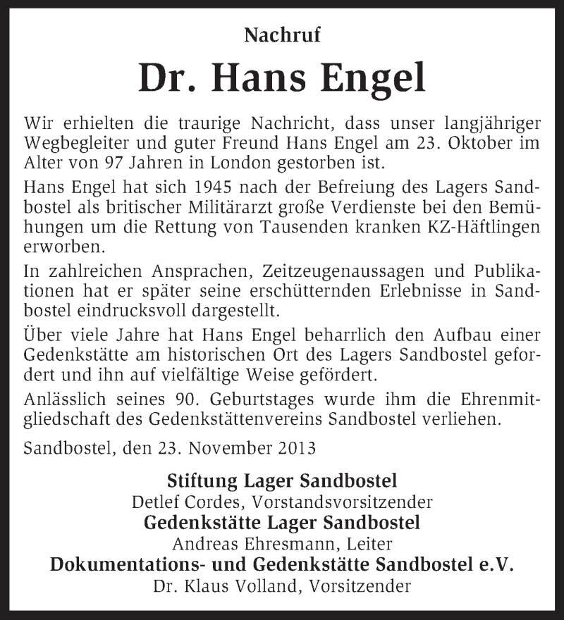  Traueranzeige für Hans Engel vom 23.11.2013 aus KRZ