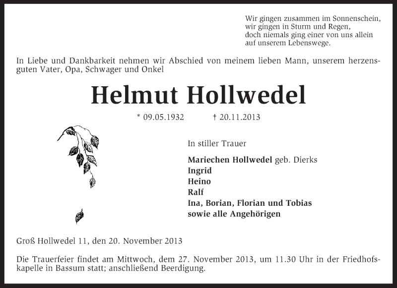  Traueranzeige für Helmut Hollwedel vom 25.11.2013 aus KRZ