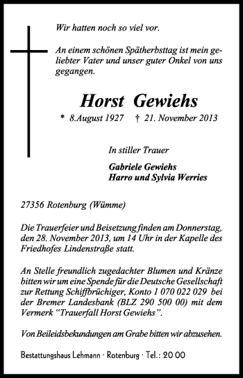 Traueranzeige von Horst Gewiehs von KRZ