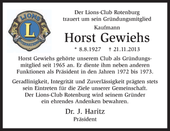 Traueranzeige von Horst Gewiehs von KRZ