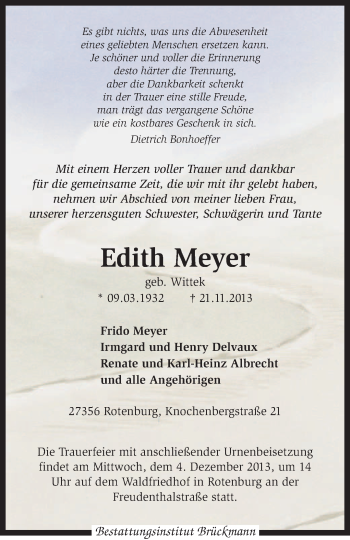 Traueranzeige von Edith Meyer von KRZ
