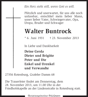 Traueranzeige von Walter Buntrock von KRZ