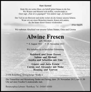 Traueranzeige von Alwine Fresen von KRZ
